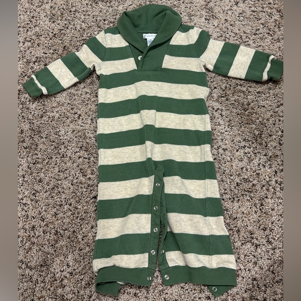 Ralph Lauren Green and Cream Striped Baby Romper